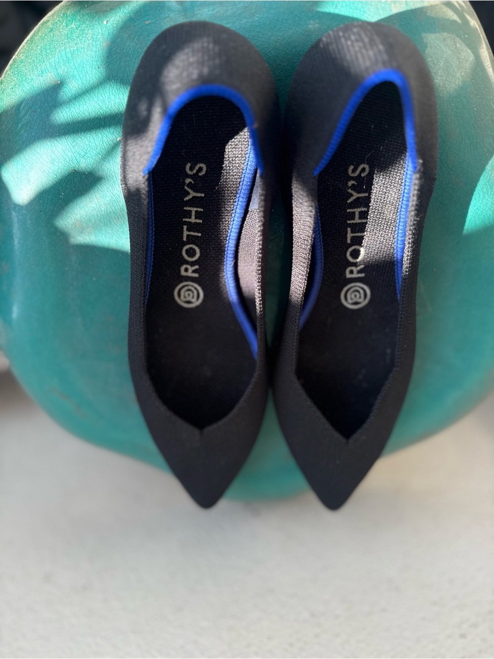 Rothy's Black Pointed Knit Flats with Blue Trim